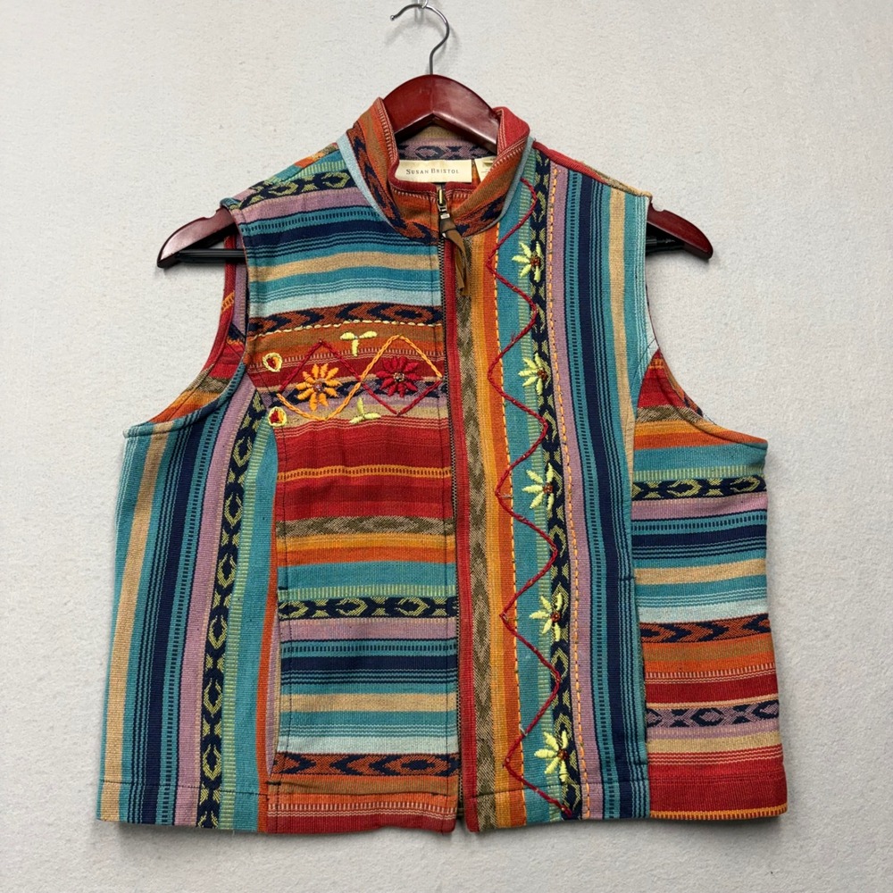 Susan Bristol Vest Womens Medium Multi Color Vintage Embroidered Cotton Full Zip